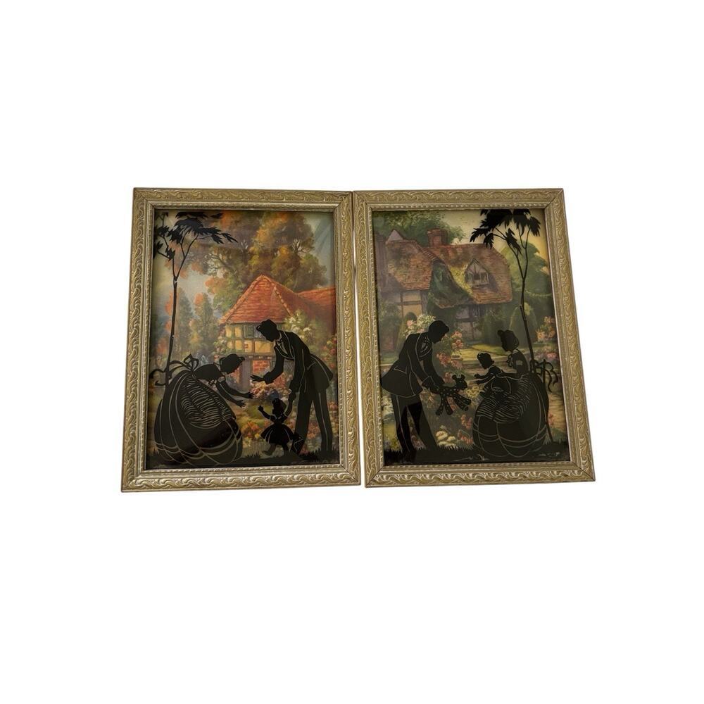Set of 2 Pictures Reverse Painted Convex Bubble Glass Silhouette 5x6 Vintage